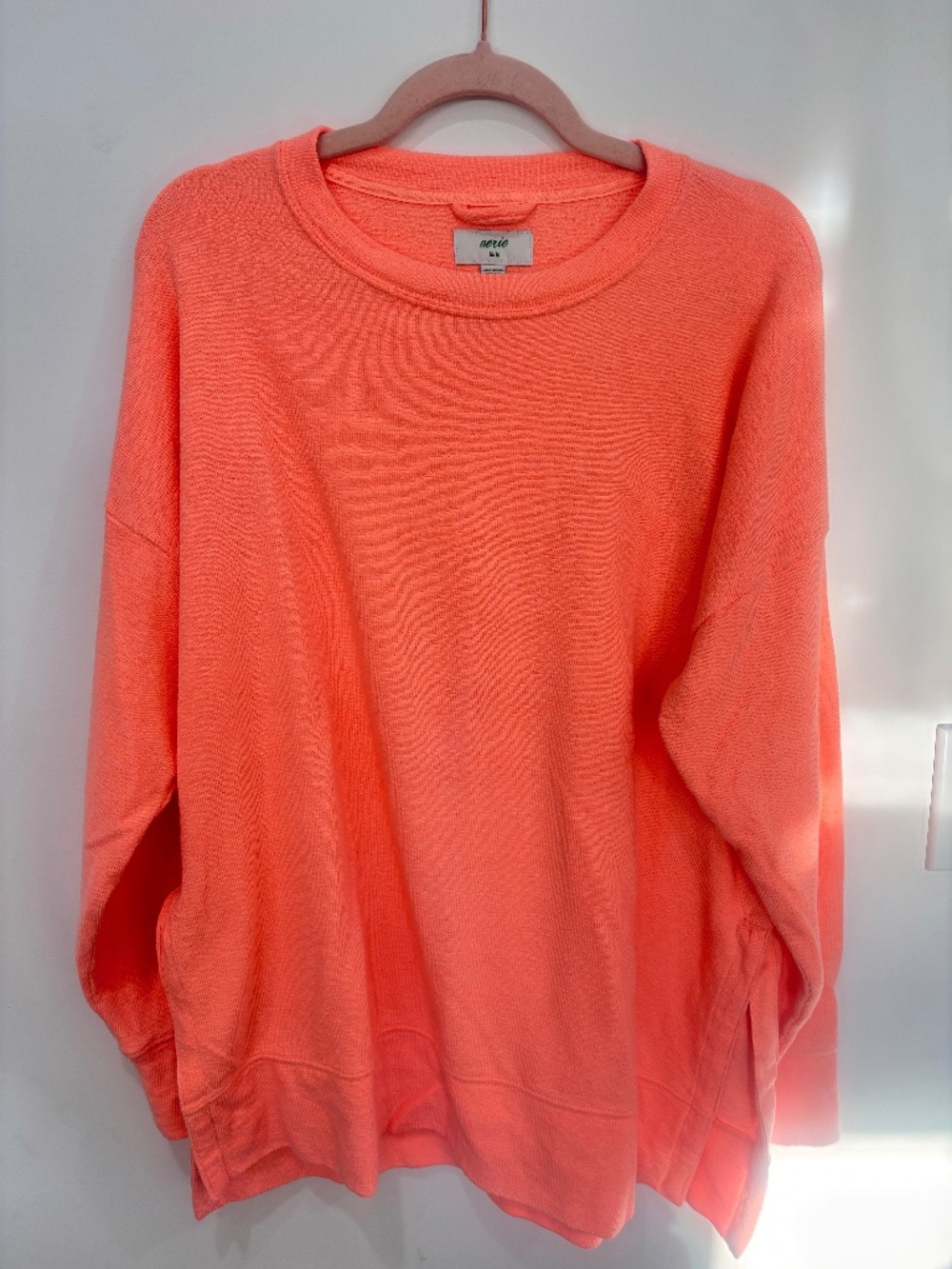 Aerie Neon Coral Oversized Crewneck Sweatshirt Drop Shoulder Side Slit M